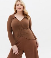 New Look Curves Dark Brown Ruched Collared Top